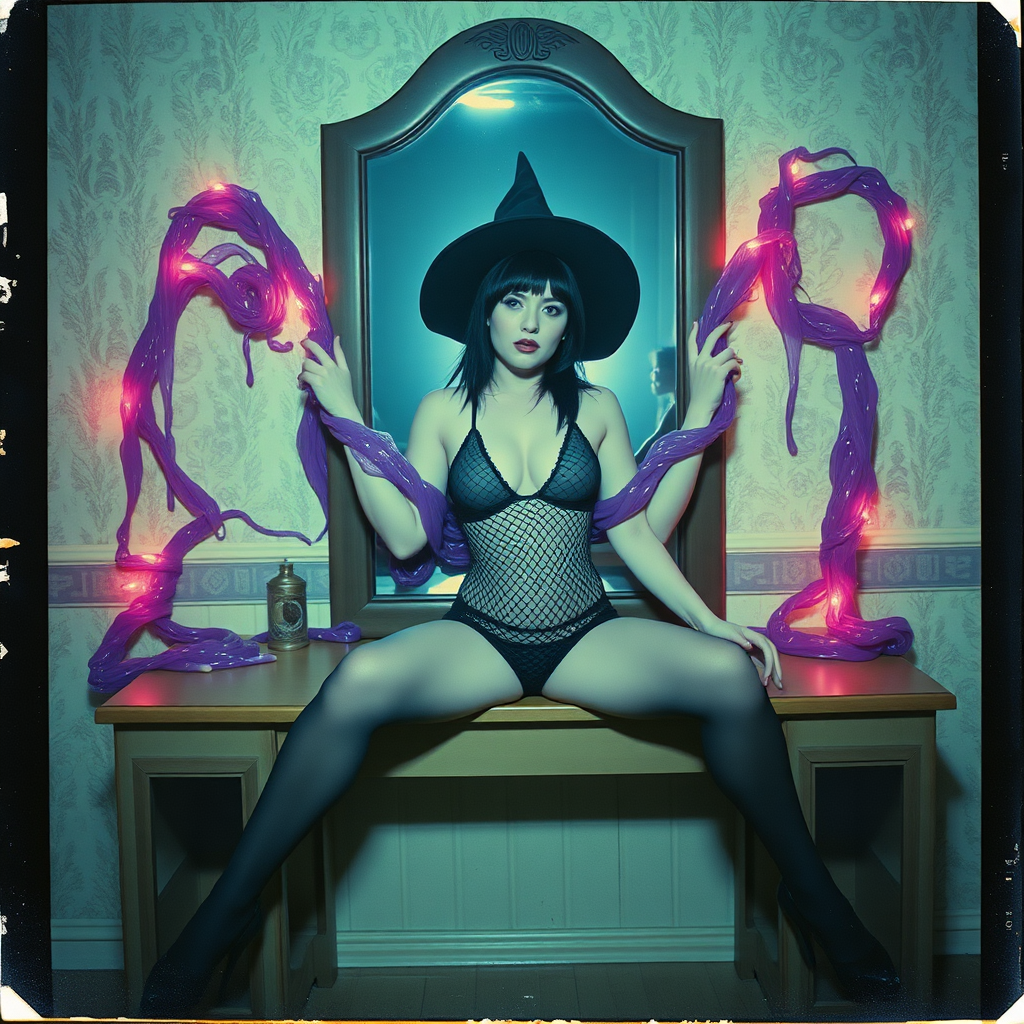 Scan of an nsfw old polaroid photograph with visible wear and heavy vignetting and blue color tint and light leaks, depicting a sexy pale curvy alt goth girl with black hair wearing skimpy fishnet black bodysuit and gstring revealing her nipples and wearing black stockings and high heels, sitting on a builtin vanity with mirror in old house with wallpaper on walls with her knees spread apart.  Camera flash used.  Dark lighting.  Moody and hazy.  Grunge look.  Erotic.  Nude. Pink Christmas Lights on wall.  She is wearing a witch hat and is being restrained by giant glowing translucent slimy jello like purple vines dripping goo coming from inside the mirror, wrapping tightly around her arms and legs and torso.  The vines are pulling her back towards the mirror.