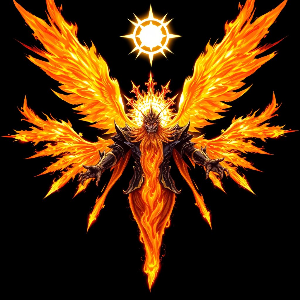 (High quality Anime styled art) Black background of a A Truly Colossal Supreme divine yet malevolent entity made of pure-solar golden-burning flame, white aura symbol around head, embodying both pure holiness and corruption, floats ominously in mid-air. Eight blazing, fiery wings radiate intense solar energy, while a shattered unique halo resembling the sun hovers above its head, body is made of pure-solar-burning flames, he is wearing black-death shoulder-plated armor, badass, 6 arms, the being's long beard sways as its wrathful, ember-like eyes burn with intense fury, glowing in vivid shades of yellow and orange, exuding a powerful and foreboding energy.