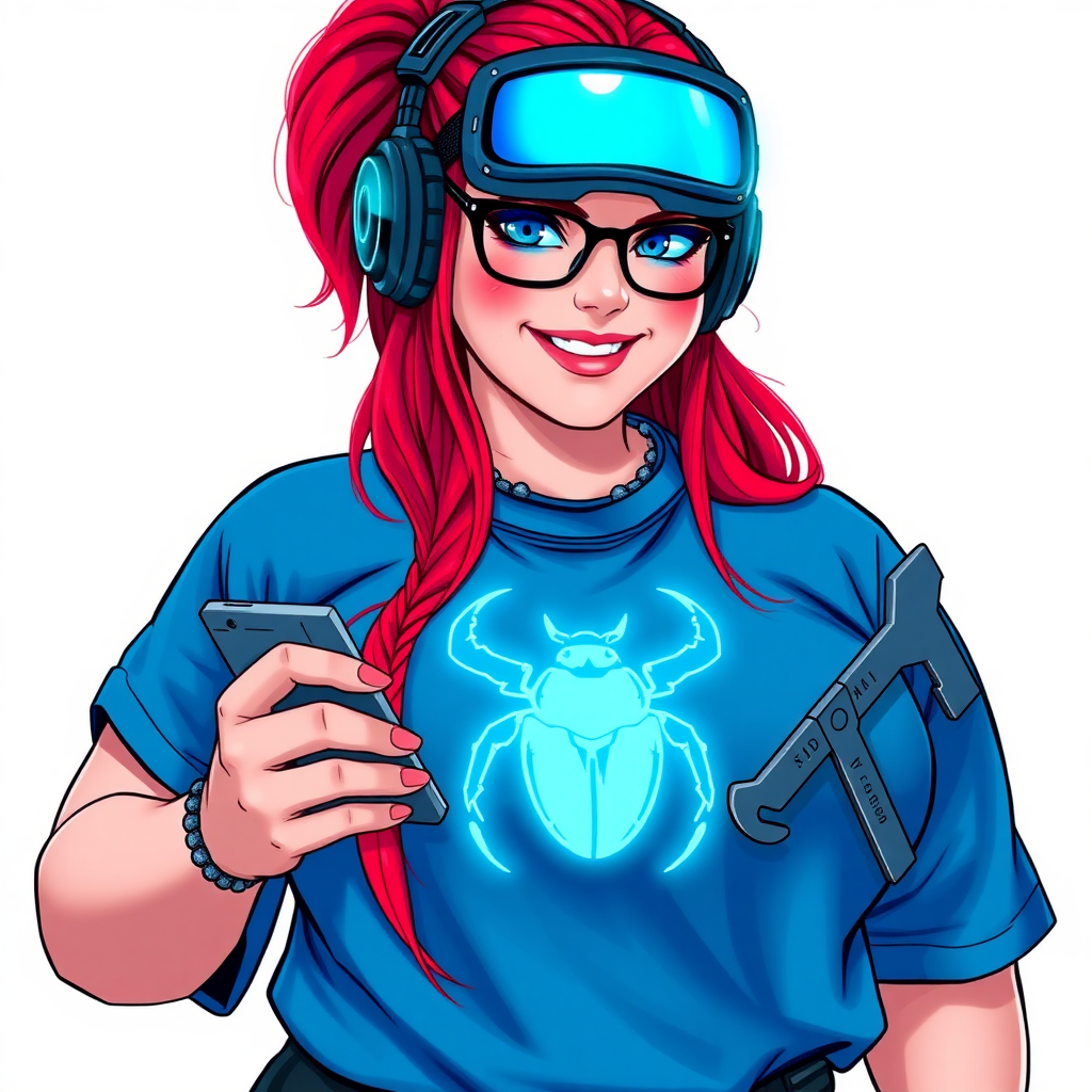 A cyberpunk vigilante’s fat intelligent and tech-savvy 29-year-old girlfriend, who is a computer hacker and tech genius. She has a long ruby red ponytail and bright blue eyes. She wears a sapphire beetle gemstone necklace, and an oversized maximum blue t-shirt featuring a giant neon blue glowing icon of a beetle on its chest. She has a full-figured physique with a prominent, gargantuan, round midsection, reflecting her well-cared-for lifestyle. The midsection is heavily emphasized. She sports a sapphire headset with hi-tech maximum turquoise lensed HUD visor, black eyeglasses, and a beaming smile with a passionate bright red blush. Despite her figure and a lack of self-esteem, she radiates an air of beauty. She has an angular face which contributes to her radiant beauty. She serves as his tech expert from his hideout, holding a holographic tablet and a hi-tech tool wrench. The background is solid white. She is drawn as if she was in a retro 2D cyberpunk fighting game. Make sure her shirt covers her round midsection.