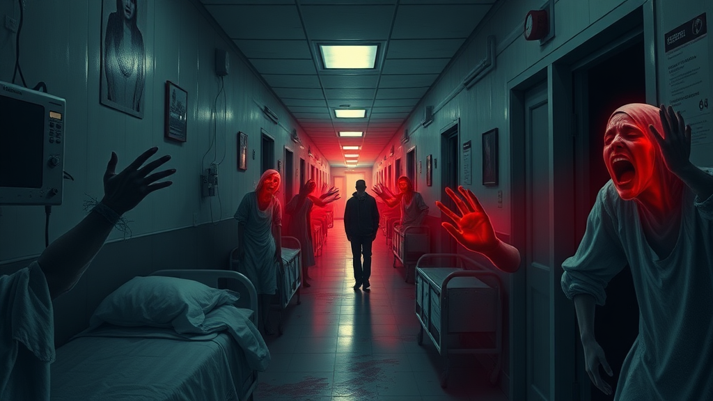 "Spectral patients, some crying and others screaming in agony, reaching out towards Miguel as he walks through the hospital's labyrinthine corridors."