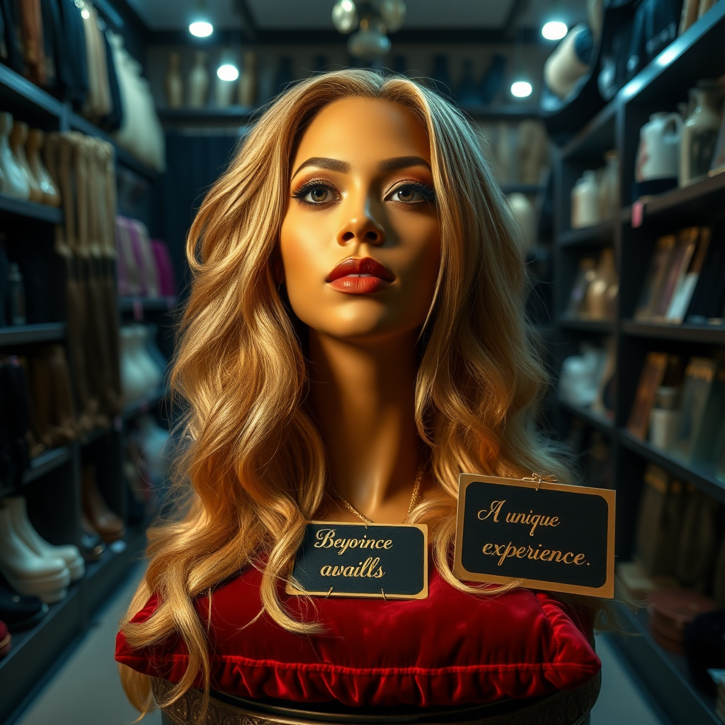 In a peculiar and well lit long hair fetish store, an arresting sight catches the eye: a real, live flesh and blood, disembodied head of Beyoncé, renowned for her mesmerizing voice and radiant presence, delicately placed on an ornate velvet cushion. Her luxurious, cascading very long hair, glistening like spun gold, flows gracefully past her non-existent shoulders, each strand perfectly styled and exuding a faint floral fragrance reminiscent of jasmine and vanilla.

The atmosphere in the store is tinged with an intriguing blend of curiosity and excitement, where the gentle hum of whispered conversations intertwines with the soft strains of sultry music, creating an intimate ambiance. Shelves lined with various hair extensions, wigs, and other hair-related paraphernalia surround the central display, each item a testament to the art of hair care and the fetish culture that thrives within these walls.

Beyoncé's striking features and deep, expressive eyes gaze forward, almost as if aware of the onlookers’ fascination. A small sign next to her, elegantly scripted in gold lettering, reads "For Sale: A unique experience awaits," adding an air of mystique to this extraordinary offering. The richness of her complexion and the sparkling elegance of her makeup highlight the surreal nature of this encounter, making it both alluring and slightly unsettling.

The shop's patrons, a mix of eager collectors and curious passersby, stand in awe, whispering among themselves about the remarkable piece before them, a blend of artistry and fantasy that captures the essence of an icon while igniting a strange sense of wonder.