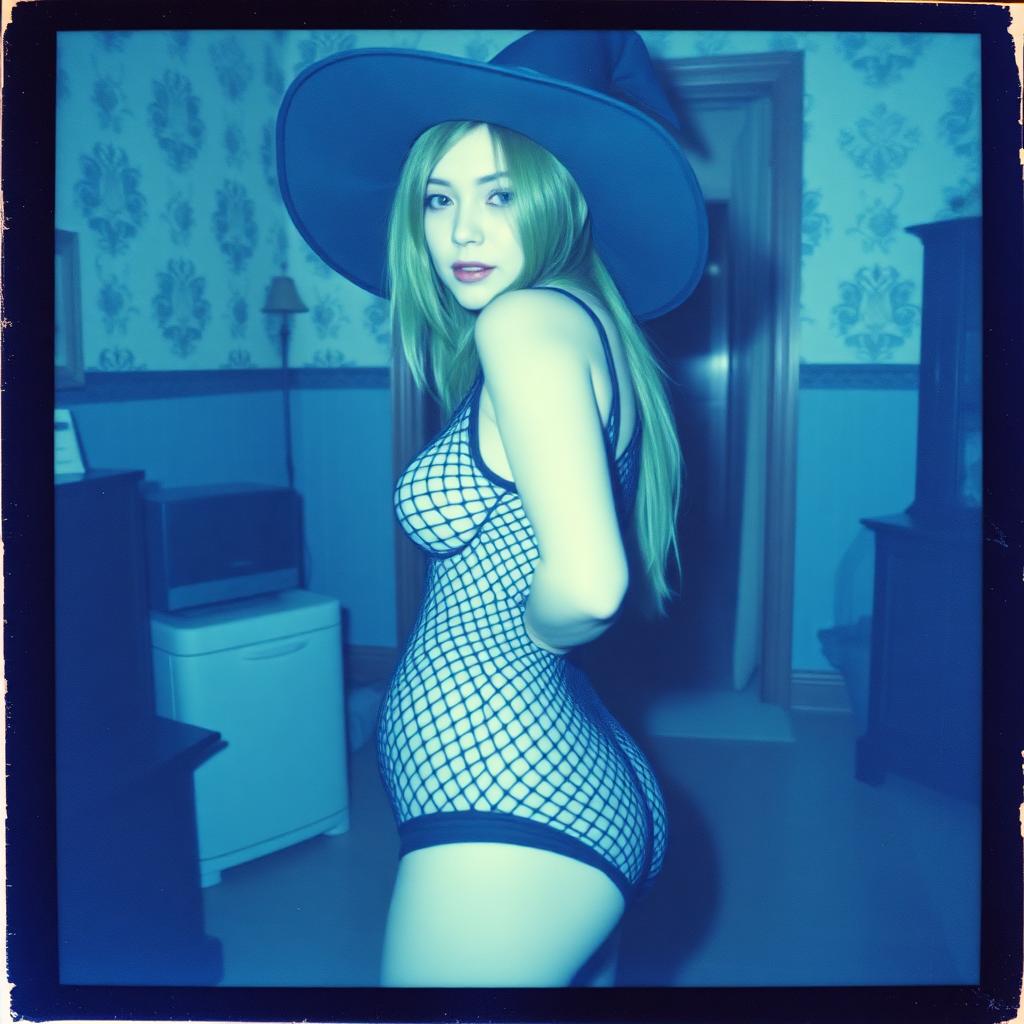 Scan of an old polaroid photo with heavy dark vignetting and a blue color tint to the photograph and visible light leaks. The photo depicts a sexy alt goth girl with pale skin and green hair. She has a plump booty. She has large breasts with ample cleavage and is wearing a black fishnet bodysuit. She is wearing a witch hat. The image looks hazy and grungy. She is in an old house with wallpaper on the walls. Dark lighting with camera flash used. Candid. She is wearing a black thong.