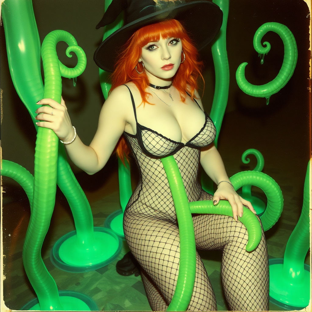 An old polaroid photo with a color tint to the photograph and visible light leaks. The photo depicts a sexy alt goth girl with pale skin and red hair. She has a plump booty. She has large breasts with ample cleavage and is wearing a black fishnet bodysuit. She is wearing a witch hat. She is surrounded by glowing translucent green tentacles coming out of magic bright glowing pools of water on the floor, wrapped around her arms and legs. She is straddling a green tentacle between her legs. The image looks hazy and grungy.