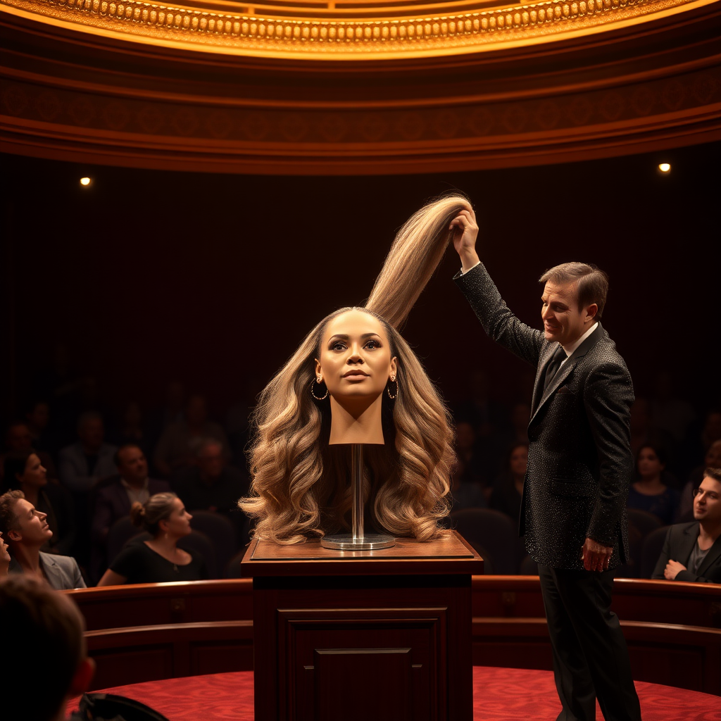 In a dimly lit theater, the atmosphere crackles with anticipation, the audience's murmurs a blend of curiosity and skepticism. On a grand, elegantly adorned display stand sits the disembodied head of the enchanting Beyoncé, her radiant skin glistening under the soft, warm glow of the spotlight. Her striking features are perfectly framed by cascading locks of lustrous, very long hair that shimmer with hues of light brown and hints of rich mahogany, reminiscent of polished silk.

Standing beside her is the magician, a charismatic figure in a sharp, tailored suit that glints with sequins in the light. With theatrical flair, he holds her voluminous hair aloft, fingers splayed wide, deftly spreading it out like a shimmering waterfall, mesmerizing the audience. The hair flows like liquid night, each strand capturing the light as it falls gracefully to the ground, creating a stunning, almost surreal contrast against the stark wooden stage.

The magician’s face is lit with a confident smile, his eyes sparkling with the thrill of the performance, as he engages the audience with playful banter. Their gasps and laughter echo throughout the room, a symphony of wonder and disbelief. The scent of polished wood and fresh popcorn wafts through the air, mingling with the underlying electricity of the moment. Time seems to stand still as the audience leans in, captivated by the spectacle, a seamless blend of illusion and artistry that promises to defy reason and ignite imagination.