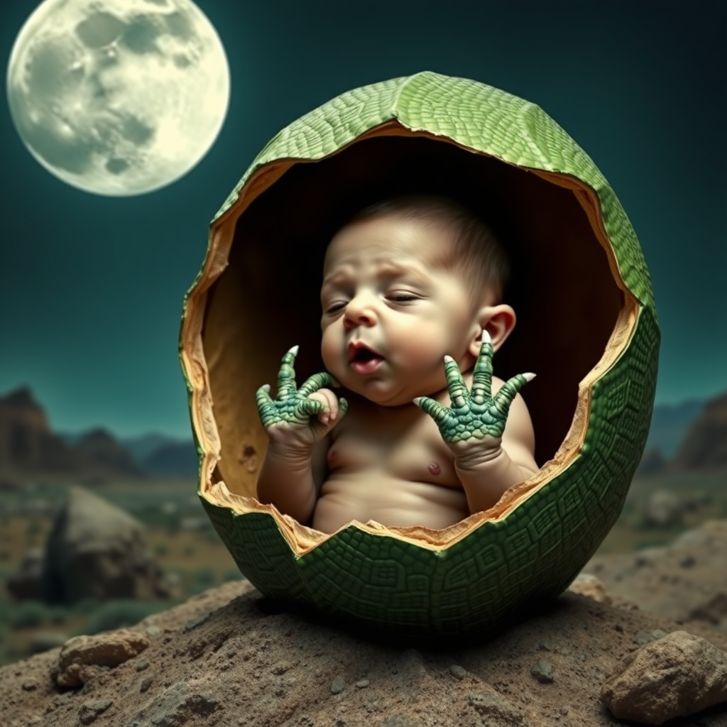 Create a photorealistic mix picture in Salvador Dali style. With a fresh newborn human baby hatching from what looks like a green reptile egg. The baby has reptile hands with claws. Scene: moon landscape.