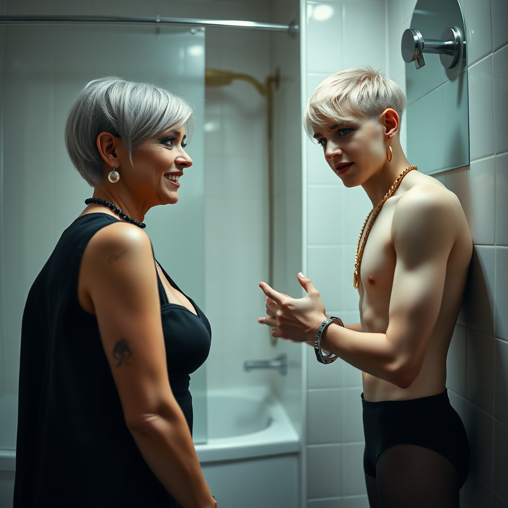 photorealistic, ultra high resolution, 16K, surreal fantasy, studio lighting, a 35 year old mother who is fully dressed for work is watching her pretty 14 year old goth son, slim male physique, short blonde hair, goth makeup, earrings, pantyhose, white ballet shoes, earrings, gold chains, handcuffs, in the bathroom, excited smile, facing the camera.