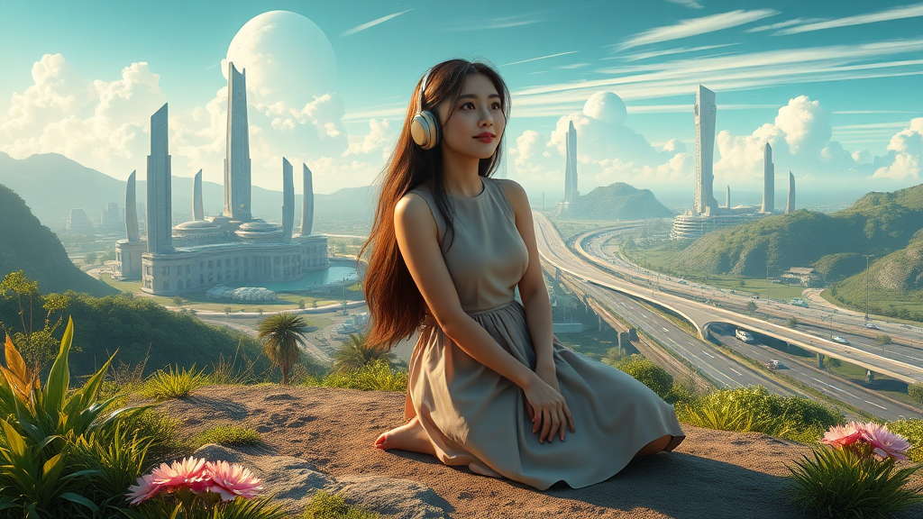 pretty Asian woman with long hair in pretty short dress, sitting on the ground with headphones, on an alien planet with a futuristic city featuring nice greenery, flowers, waterscapes, and beautiful clouds, highways and streets, ultra-realistic view and ultra high cinematic detail