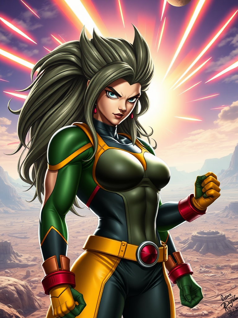 Generate a hyper-realistic image of the Marvel Comics character Rogue, retaining her original head. Modify her body to have the muscular physique of Vegeta from Dragon Ball, reflecting his anatomy while keeping Rogue's facial features and hair. Place her in a dynamic pose that showcases her powers. The background should merge elements from both the Marvel Universe and Dragon Ball, featuring a vibrant, action-packed setting that complements both characters, such as a deserted cityscape with energy blasts in the sky. Aim for a visually striking and detailed portrayal, capturing the essence of both characters.