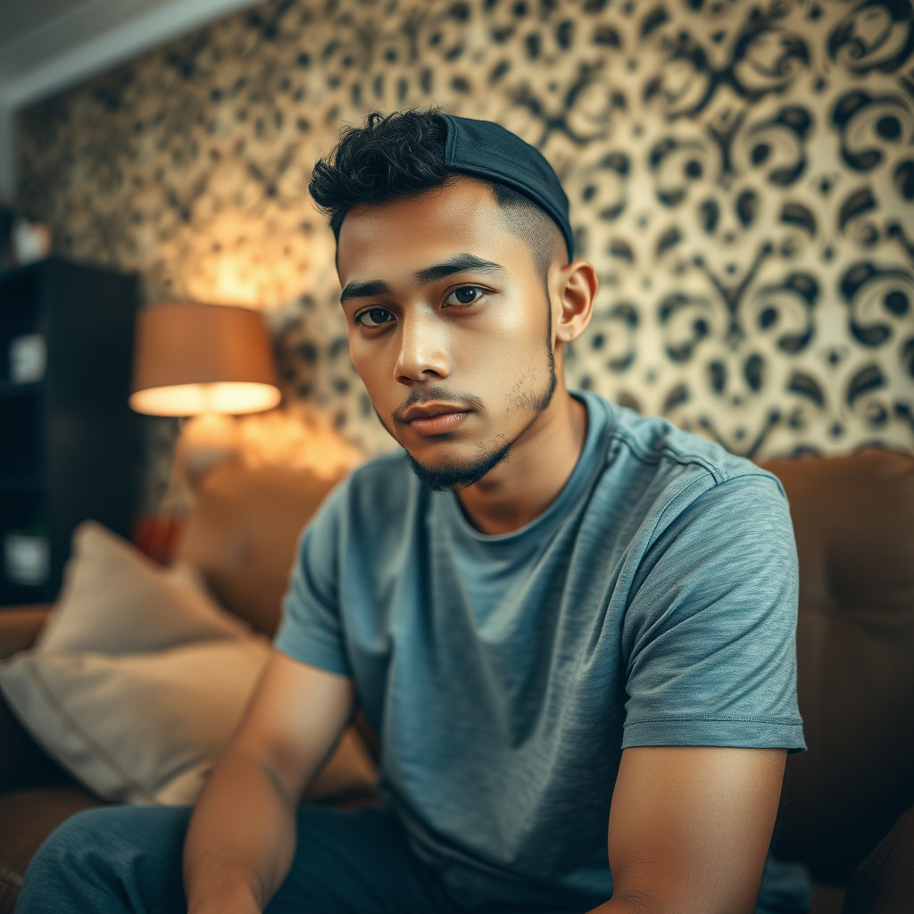 A highly detailed intricate person photo, (((amateur iphone photography))), slight motion blur, jpeg artifacts, high contrast, intricate highly detailed background, grainy, noise, wide shot, high contrast, a person, highly detailed short man, sitting on a couch casually in living room, he has buzzcut hairstyle, black curly dense hair type, receding hairline on his temples, M shaped hairline, his neck is short, Austronesians, beard, no moustache, wearing casual clothes, backward baseball cap.