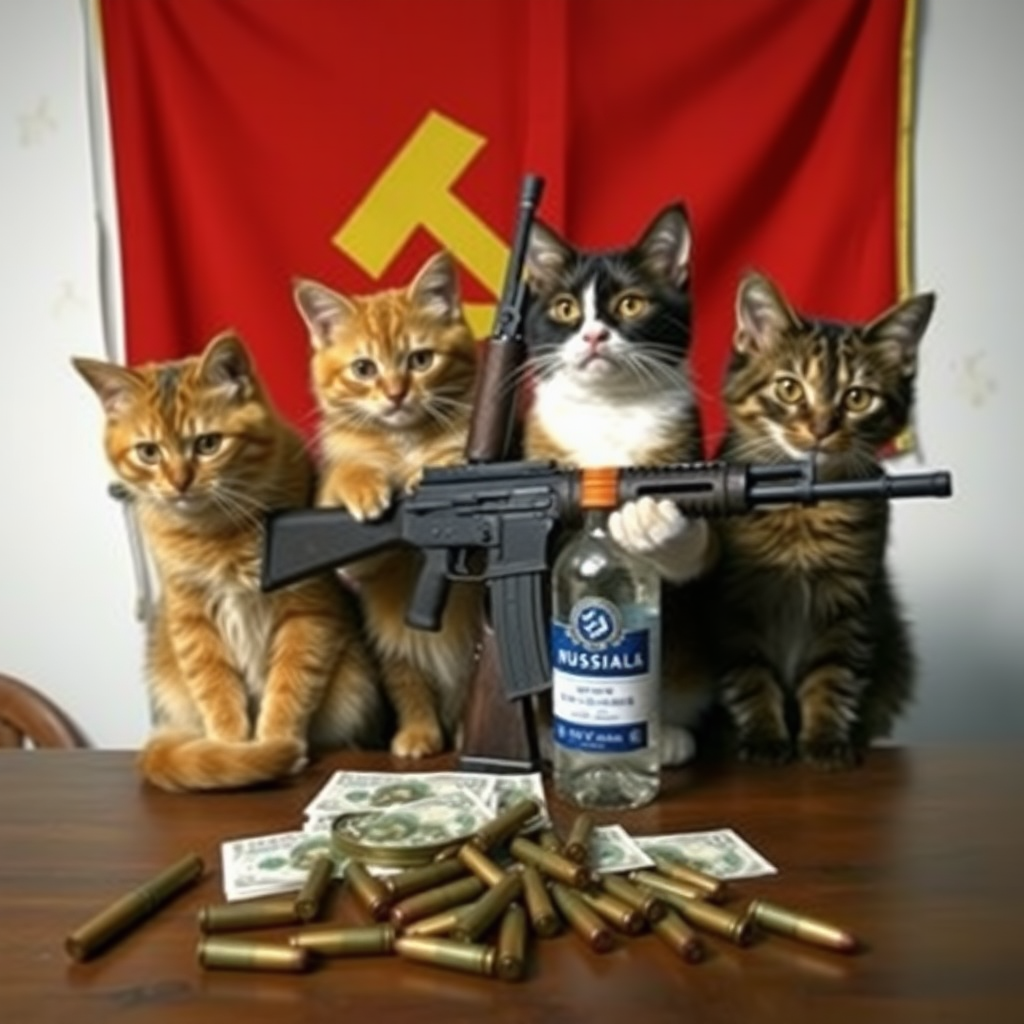 4 chatcatkat, black, orange, dark brown and light brown, USSR communist with an AK-47 and vodka and a USSR flag behind a table with bullet casings on it and Russian money.