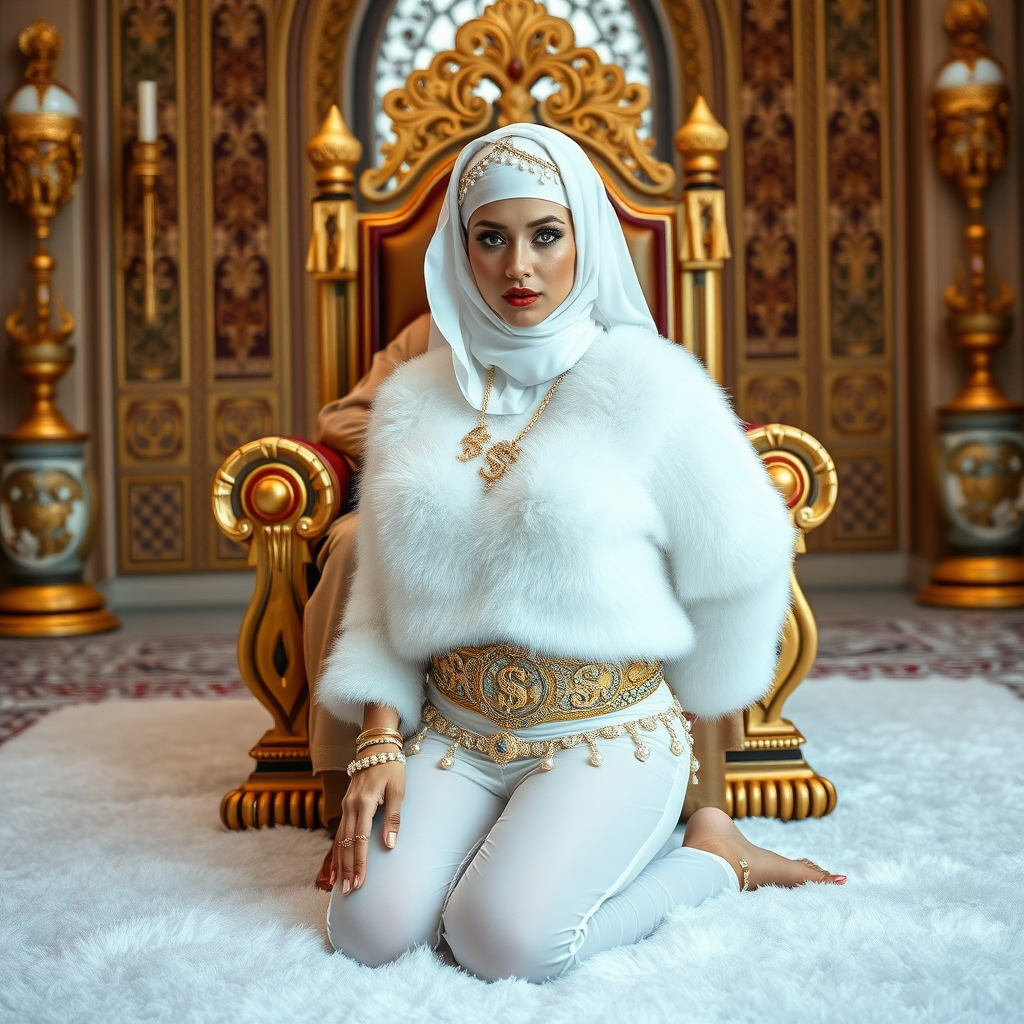 Kuwait desert palace throne room, old overweight mighty sheik sitting on throne. In front of throne, kneeling on white fluffy carpet: Melissa, European 17 years old very convincing femboy “trophy-bimbo”, tamed servile docile, rather short, by hormones very curvaceous womanly figured, platinum blond short tight curls, heavily made-up eyes, wearing Supertanya-style fluffy very fuzzy bright white angora turtleneck-poncho cropped ending under bust decorated with pearls and gemstones, striking oriental wide gold bridal protection belt, white fully transparent harem pants, full Oriental bridal jewelry, face covered by white sheer full Burka, coin anklets, striking diamond “$$$” letter brooch on left chest, pout frustrated, hands tied behind back, looking at camera. Focus on face and turtleneck-poncho.