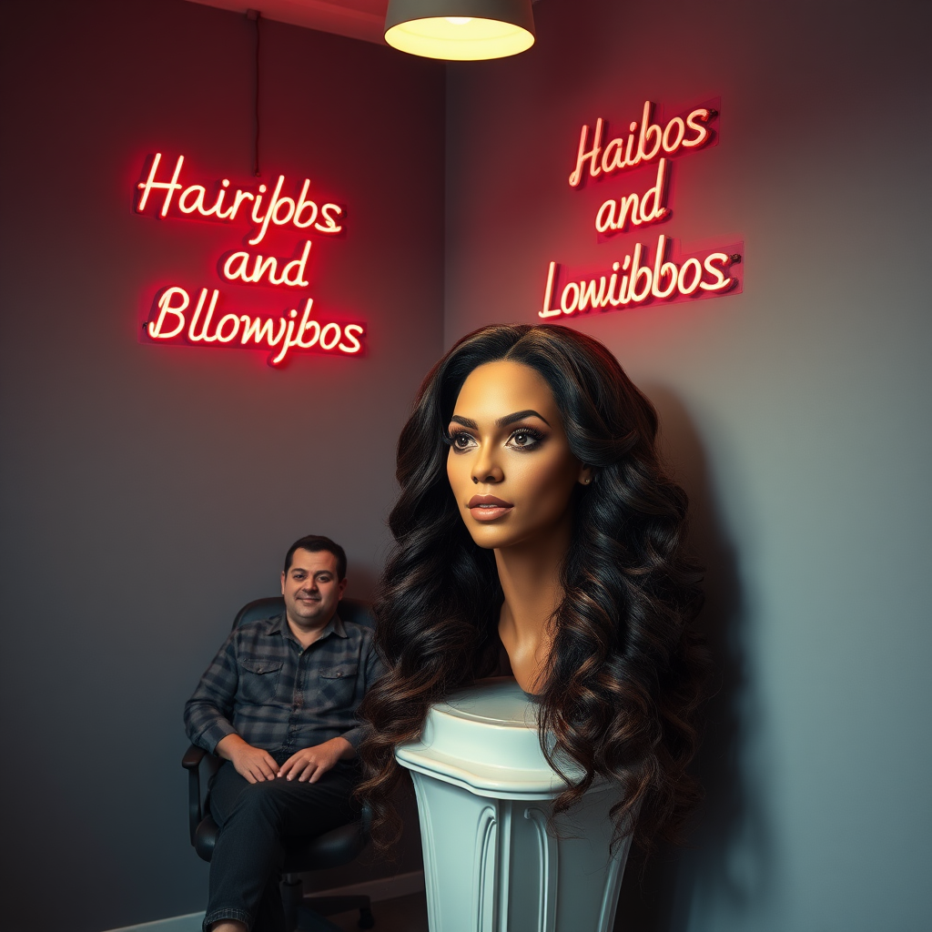 In a well lit corner of an unconventional long hair fetish store, an astonishing sight awaits—the real, live, flesh and blood disembodied head of Beyoncé, her luxurious, cascading waves of hair that flow down to the ground glistening under the soft overhead lights. The striking contrast of her rich, dark locks against her flawless, sun-kissed complexion creates a mesmerizing visual. Resting atop an elegantly designed pedestal, the head appears almost otherworldly, with bright, expressive eyes that convey an engaging mixture of charm and mischief.

The plain gray background enhances the surreal atmosphere, offering a stark canvas that emphasizes the vivid details of her captivating visage. A whimsical, neon sign in bold letters hangs just above, proclaiming "Hairjobs and Blowjobs," adding a playful yet provocative element to the scene. A man sits in a chair next to her. Her head is at eye level with his crotch.