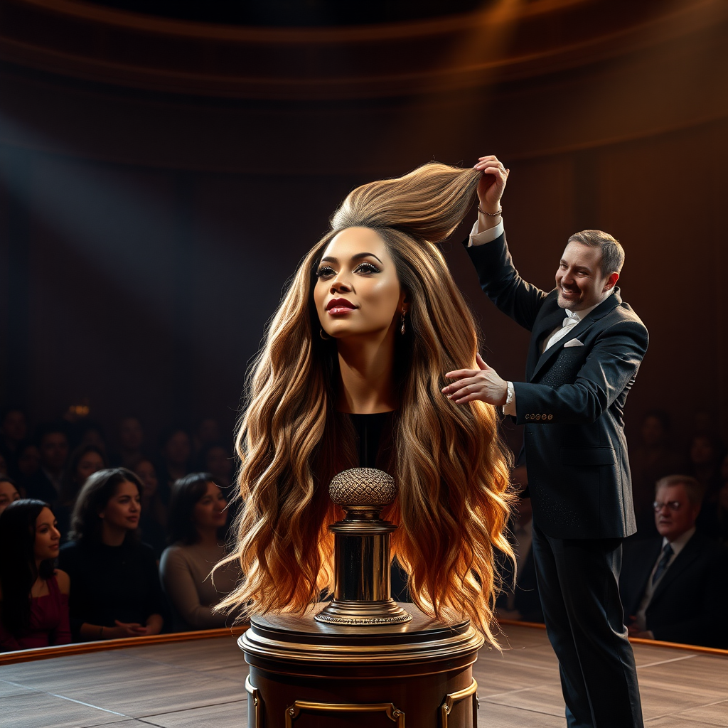 In a dimly lit theater, the atmosphere crackles with anticipation, the audience's murmurs a blend of curiosity and skepticism. On a grand, elegantly adorned display stand sits the disembodied head of the enchanting Beyoncé, her radiant skin glistening under the soft, warm glow of the spotlight. Her striking features are perfectly framed by cascading locks of lustrous, very long hair that shimmer with hues of light brown and hints of rich mahogany, reminiscent of polished silk.

Standing beside her is the magician, a charismatic figure in a sharp, tailored suit that glints with sequins in the light. With theatrical flair, he holds her voluminous hair aloft, fingers splayed wide, deftly spreading it out like a shimmering waterfall, mesmerising the audience. The hair flows like liquid night, each strand capturing the light as it falls gracefully to the ground, creating a stunning, almost surreal contrast against the stark wooden stage.

The magician’s face is lit with a confident smile, his eyes sparkling with the thrill of the performance, as he engages the audience with playful banter. Their gasps and laughter echo throughout the room, a symphony of wonder and disbelief. The scent of polished wood and fresh popcorn wafts through the air, mingling with the underlying electricity of the moment. Time seems to stand still as the audience leans in, captivated by the spectacle, a seamless blend of illusion and artistry that promises to defy reason and ignite imagination.