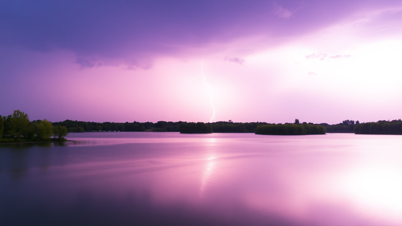 photo, lakes, nature, purple sky, lightning