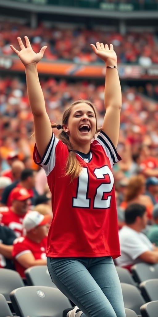 Attractive female NFL fan, pigtail hair, jersey, hollering, arms raised, jumping in crowded bleacher row, NFL stadium