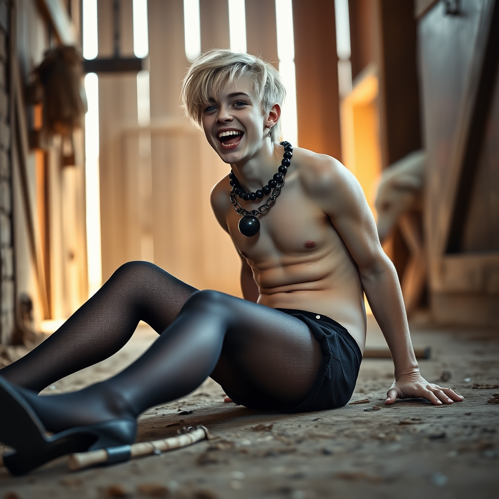 photorealistic, ultra high resolution, 16K, surreal fantasy, soft studio lighting, Caleb Swift is a pretty 16 year old goth male , slim male physique, blonde hair, blue eyes, goth makeup, earrings, glittering black pantyhose, stilettos, spikey neck collar with chain that is connected to barn wall, on the floor of the barn being straddled by a large dog, during daytime, excited open mouth smile, small black ball-gag, bulging crotch, full body in wide view from side with Tyler facing the camera.