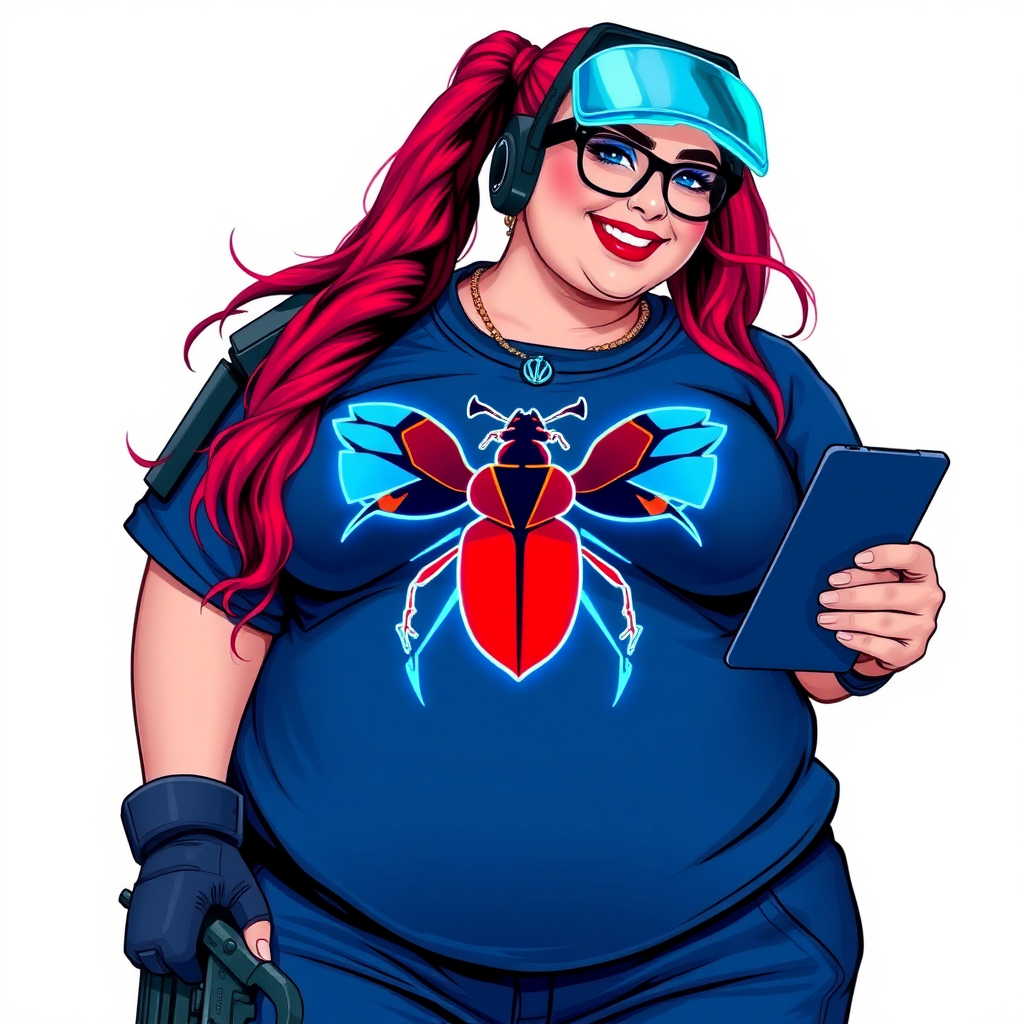 A cyberpunk vigilante’s full-figured intelligent and tech-savvy 29-year-old girlfriend, who is a computer hacker and tech genius. She has a long ruby red ponytail and bright blue eyes. She wears a sapphire beetle gemstone necklace, an armored, oversized, Maximum Blue (RGB 71, 171, 204) t-shirt featuring a giant neon blue glowing chest icon of a winged beetle, and matching Maximum Blue (RGB 71, 171, 204) sweatpants. She has a full-figured physique with a prominent, enormous, well-rounded midsection, reflecting her well-cared-for lifestyle. The midsection is heavily emphasized. She sports a sapphire headset with hi-tech Maximum Blue (RGB 71, 171, 204) lensed HUD visor, Maximum Blue (RGB 71, 171, 204) lipstick, black eyeglasses, and a beaming smile with a passionate bright red blush. Despite her figure and a lack of self-esteem, she radiates an air of beauty. She has an angular face which contributes to her radiant beauty. She serves as his tech expert from his hideout, holding a holographic tablet and a hi-tech tool wrench. The background is solid white. She is drawn as if she was in a retro 2D cyberpunk fighting game. Make sure her outfit covers her enormous midsection.