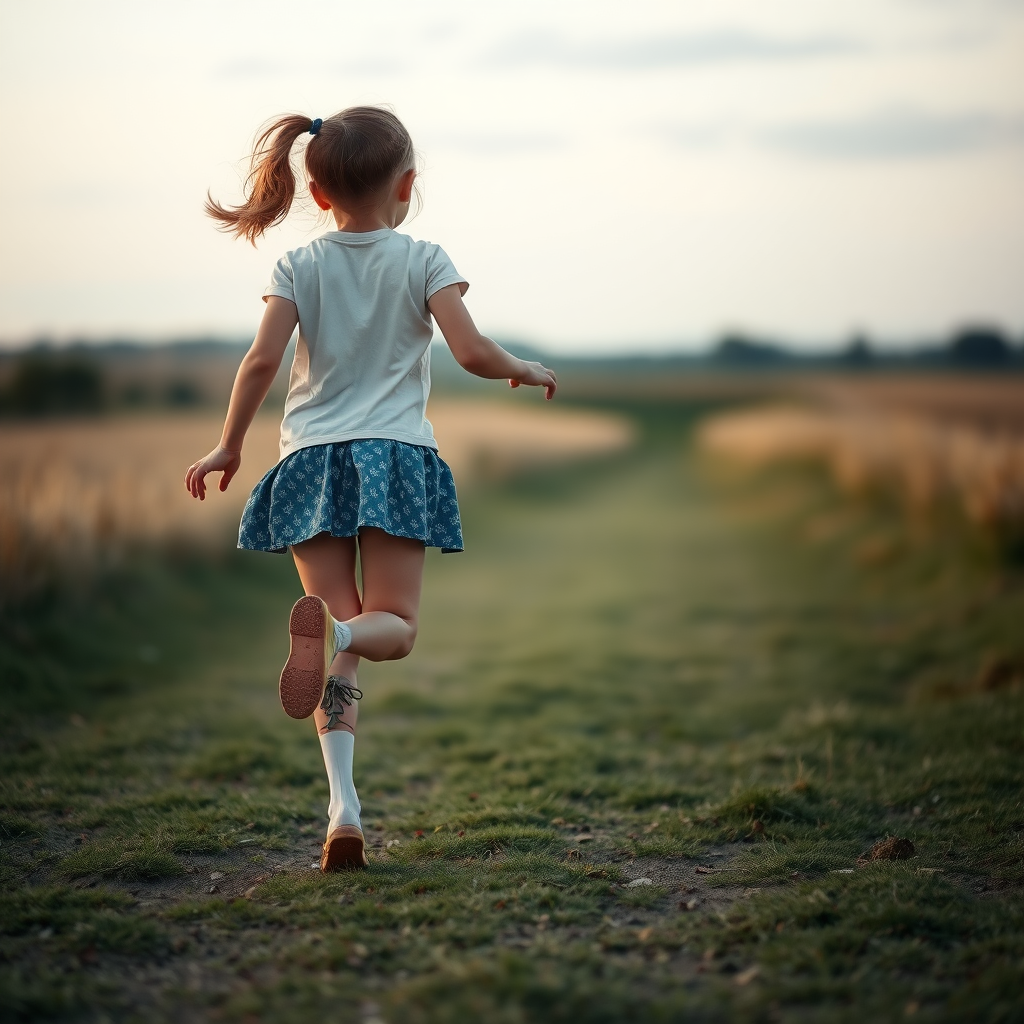 A leg-amputee girl appears in the distance, hopping lightly, with a clear stump, on the ground.