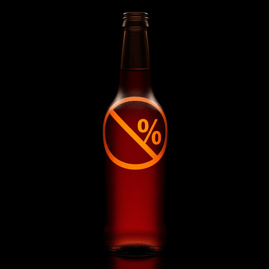 A photo of a beer bottle with a percent symbol crossed in a circle