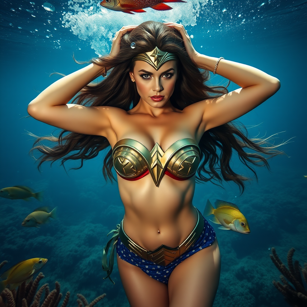 Wonder Woman as a fit and trim mermaid underwater amazing loose flowing hair floating in a nimbus around her beautiful face her arms outstretched languidly over her head. she's looking down into the viewer's eyes making intense eye contact. modesty protected by fish. Burlesque. Stunning undersea life details plants and fish and other creatures of the sea. Amazing HD DSLR photographic output.