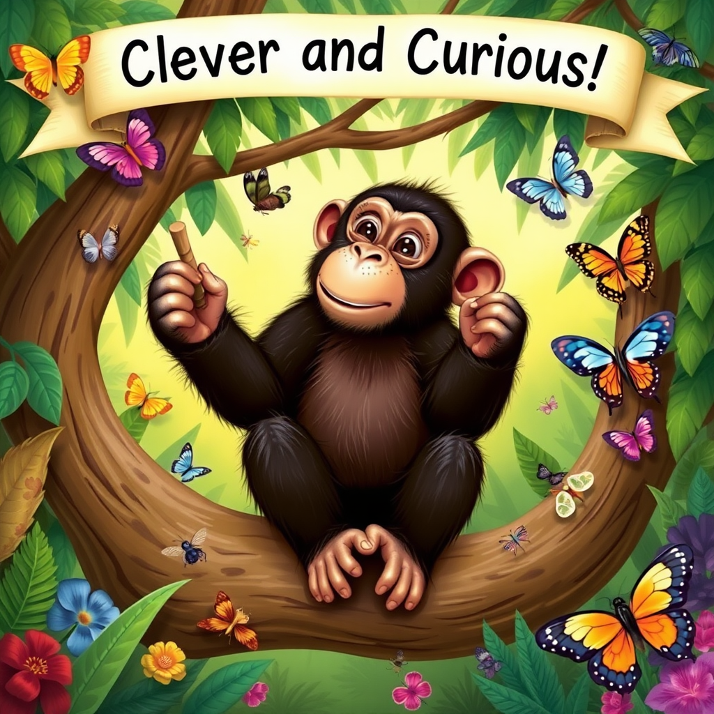 An imaginative scene of a playful chimpanzee sitting in a tree, using a stick to catch insects, surrounded by colorful butterflies and other jungle creatures, with a banner overhead reading, "Clever and Curious!"