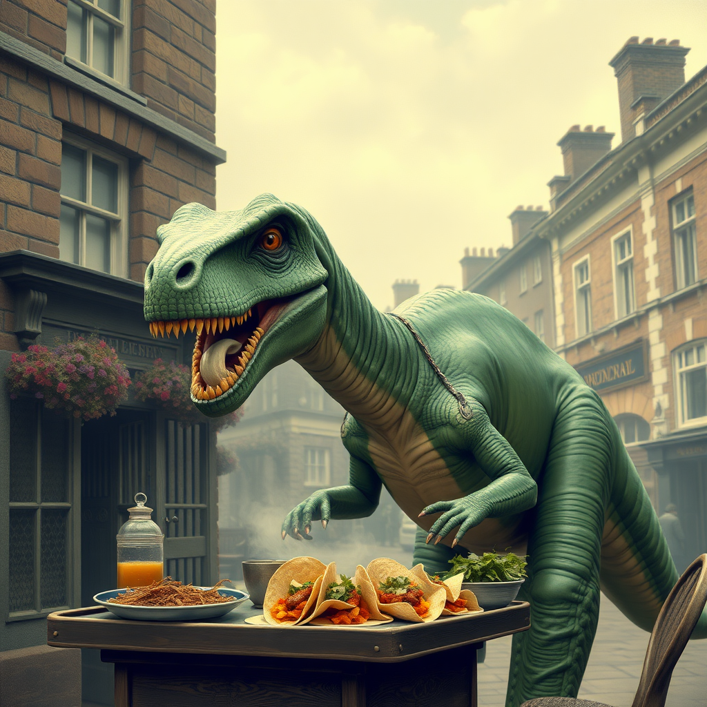 A dinosaur selling tacos in Victorian England