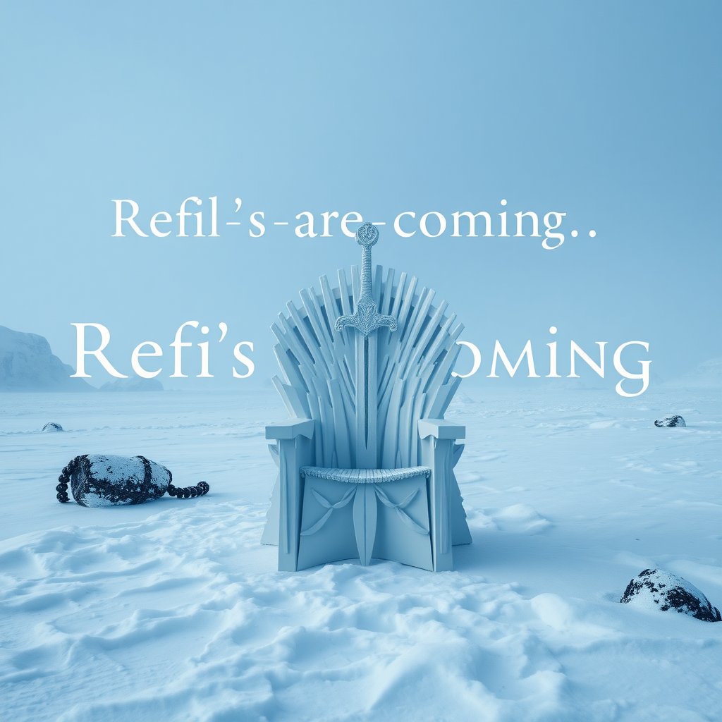 An epic movie scene in Antarctica depicting the game of thrones sword chair made out of white paper. The text in the background says “Refi’s are coming.” It should be similar in style to “winter is coming” vibes as shown in the movie. Epic blizzard storm. Photorealistic.