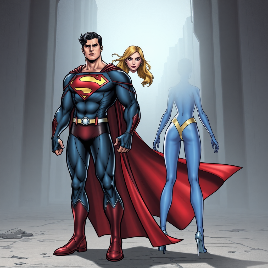 Generate a full-length image of Superman with the body traits of Atom Eve from the Invincible comic. Modify Superman's body shape to match Atom Eve's physique. Keep Superman's core costume but incorporate embellishments and elements from Atom Eve's design. The background should be an appropriate setting that suits both characters.