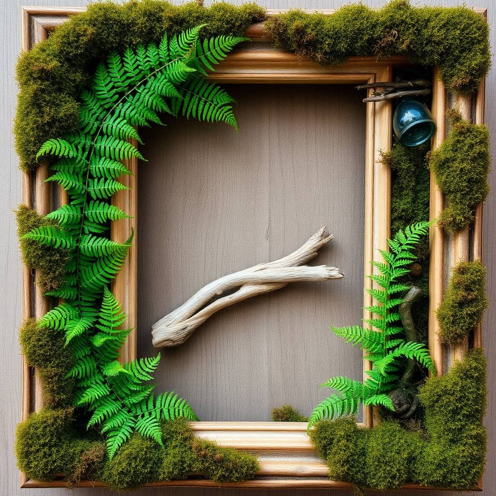 A picture frame is filled with ferns and moss, with a piece of dead wood in the middle, and moss covering the empty corners.