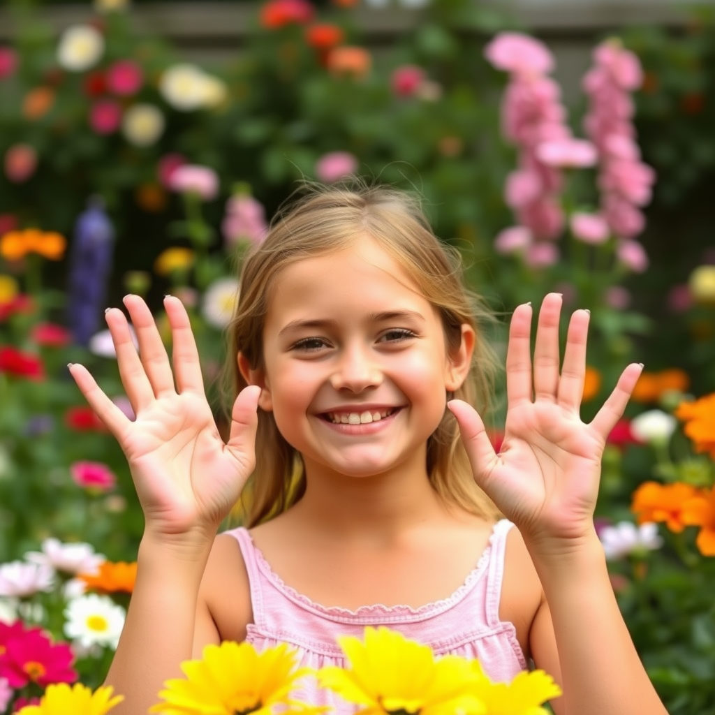 a 38 year old girl in a flower garden, smiling and holding up her hands, showing her fingers