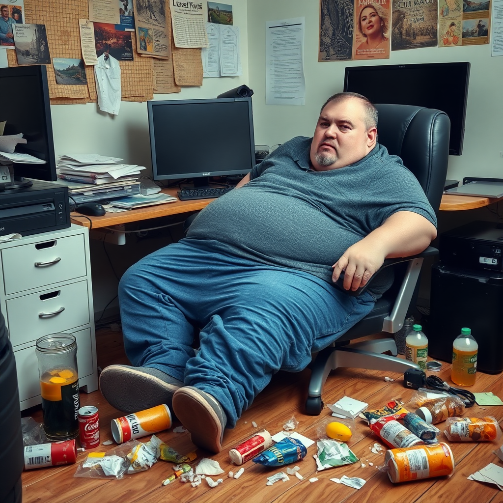 A photo of a lazy and obese man sitting at his computer desk, food and drink trash is littered around the floor.