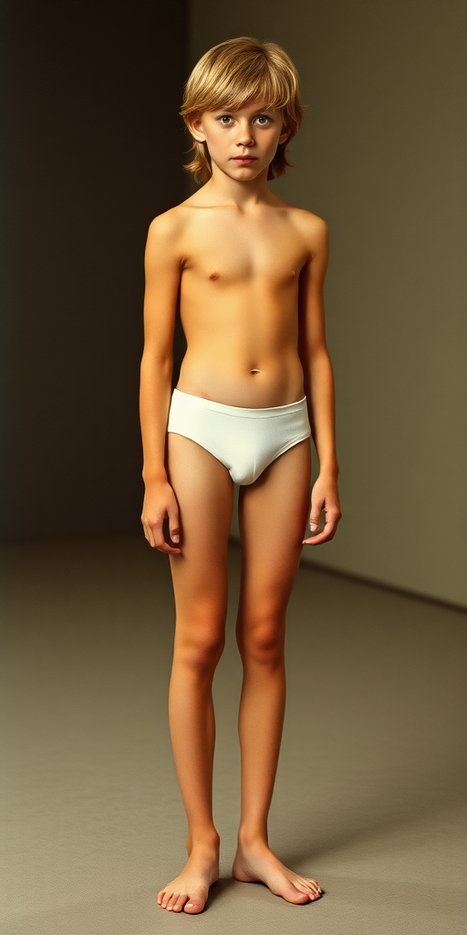 A skinny 14yo teen boy, long hairs bow cut, wearing tight narrow speedo, long legs, narrow thighs. full-length view. 1970s. photorealistic, ultra high resolution, 16K, Negative: grainy, blurry, bad anatomy, extra limbs, watermark.