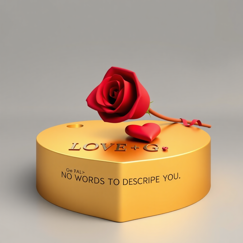 A 3D rendered anime-style medium shot of a red rose delicately resting atop a heart-shaped golden pedestal. The elegant name "LOVE ❤️ G. NO WORDS TO DESCRIBE YOU " is displayed on the pedestal in bold, black gold letters. A small contrasting red heart is placed along the pedestal. The smooth gray gradient background highlights the golden and red colors. The design exudes sophistication and luxury.