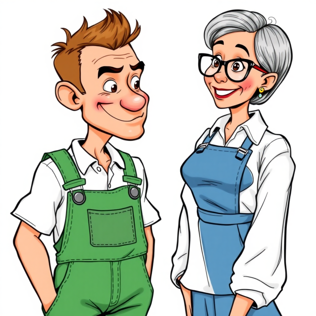 20 year old european skinny boy wearing green work overalls is blushing excited while looking at and listening to a 55 Years old, European, Latina, sharp aquiline nose, wrinkles, high cheekbones, Middle Eastern, Skinny, Tanned skin, Dark light skin, Rounded Medium breasts, Skinny thighs, full Makeup, jewelry, Serious face, Sharp nose, shocked, smiling, open mouth, horny, Ash hair, short bowl haircut, Brown eye color, Glasses, with detailed features. She is watching the boy, she is wearing a white shirt and a blue skirt, detailed fabric. full body, long establishing shot, 2D, caricature, cartoon, Sketch lines, coloring book, nlack and white, coloring book style on white background, well composed, clean coloring book page, No dither, no gradient, strong outline, No fill, No solids, vector illustration