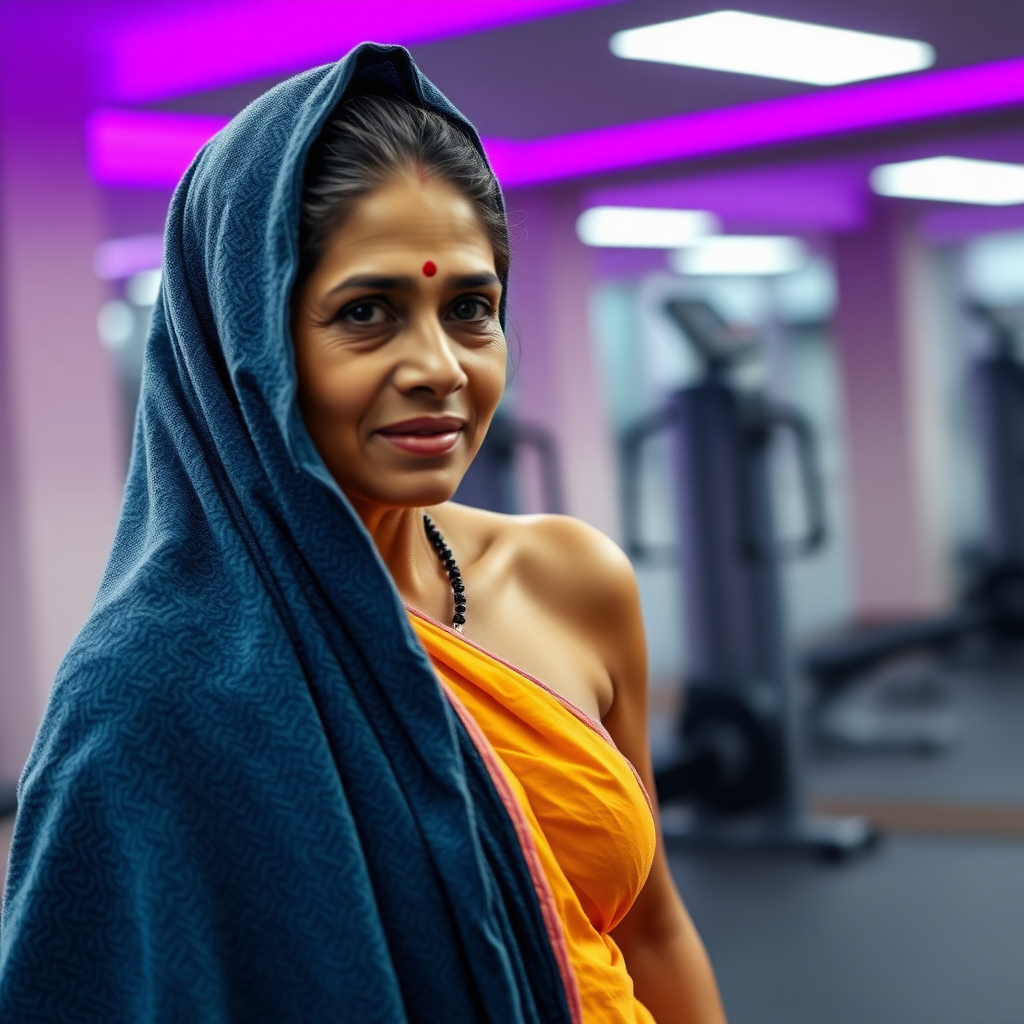 South Indian housewife, wrapped in towel, standing in gym