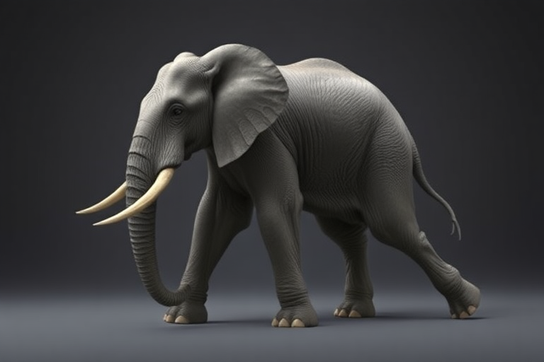 A full-length, photorealistic image of an elephant possessing the musculature and silhouette of a mouse, while retaining its head, complete with facial features. The creature's skin and fur should remain intact. The background should draw inspiration from both the elephant and mouse, seamlessly blending their distinct characteristics.