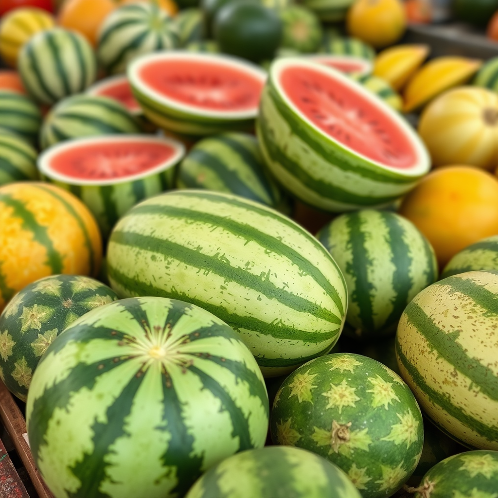 Beautiful watermelons and other types of melons, real photos, blurred background, miniature mode.