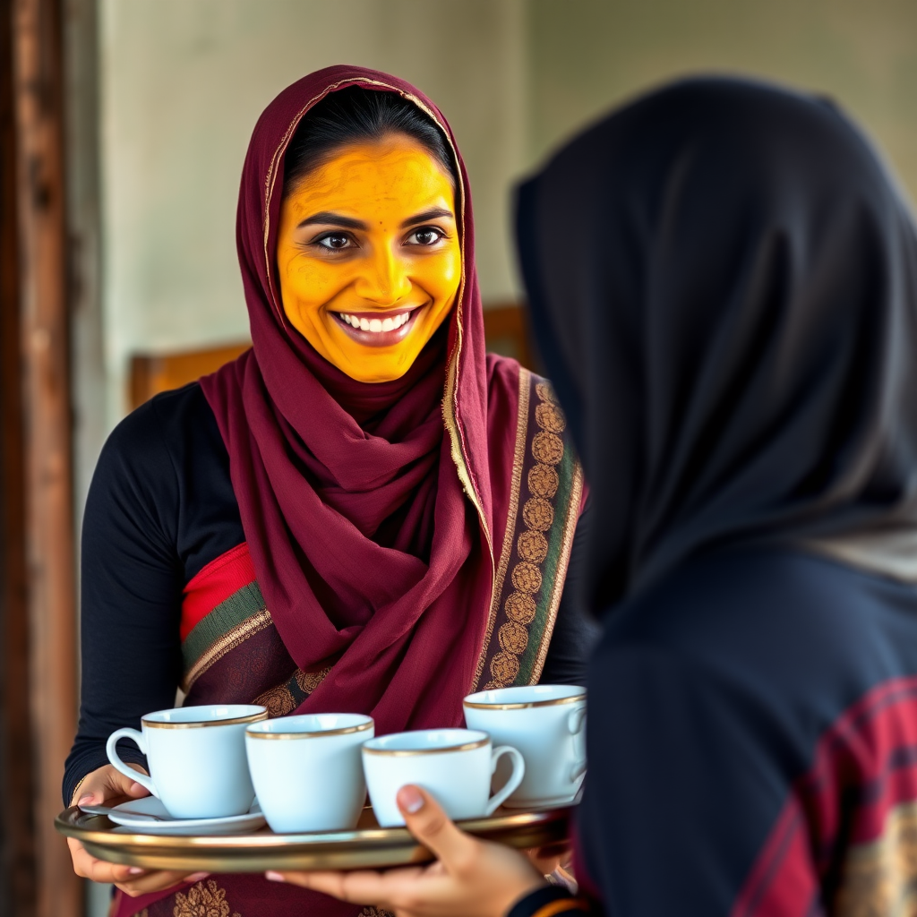 slim, 30 year old, sexy, traditional indian wife, hijab, turmeric face mask. She is smiling and serving coffee on a tray to stranger.