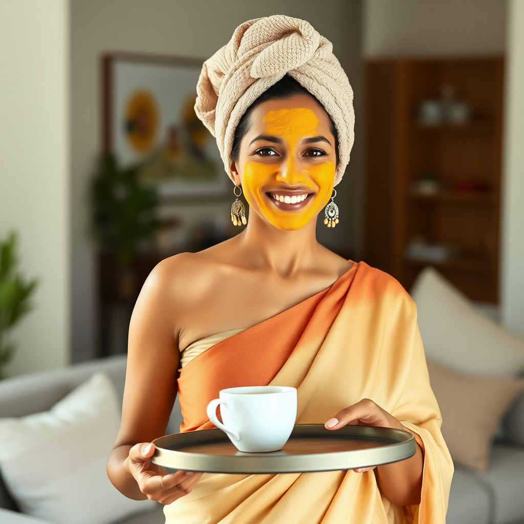 slim, 30 year old, indian wife, towel head, turmeric face mask, saree. She is smiling and serving coffee on a tray in living room.