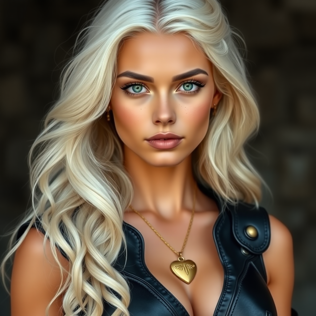 Portrait of a beautiful young woman with long wavy platinum blonde hair, green eyes, a suntan, large breasts, and light brown eyebrows. She is wearing black leather armor and a gold necklace with a small heart pendant.