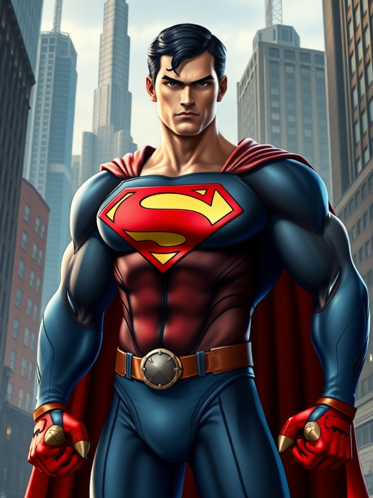 Create an image of Superman with the body traits of Cammy from Street Fighter. Retain Superman's original head and face, but modify his body shape with a muscular yet agile physique, highlighting a toned torso and athletic build similar to Cammy's. Preserve Superman's classic costume with key embellishments from Cammy's style, like military-inspired accents and sleek gloves. Place him in a background that blends Metropolis and a Street Fighter-style urban landscape, balancing elements to capture the essence of both worlds. Highlight the character's powerful yet graceful stance.