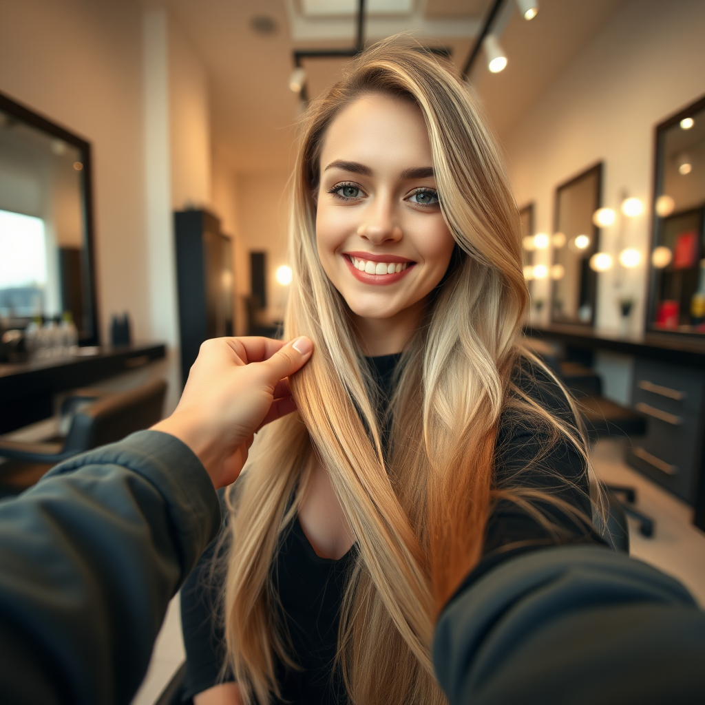 POV, beautiful very long haired blonde woman sitting in a hair salon smiling at the camera while I reach out from behind the camera to trim her very long hair.