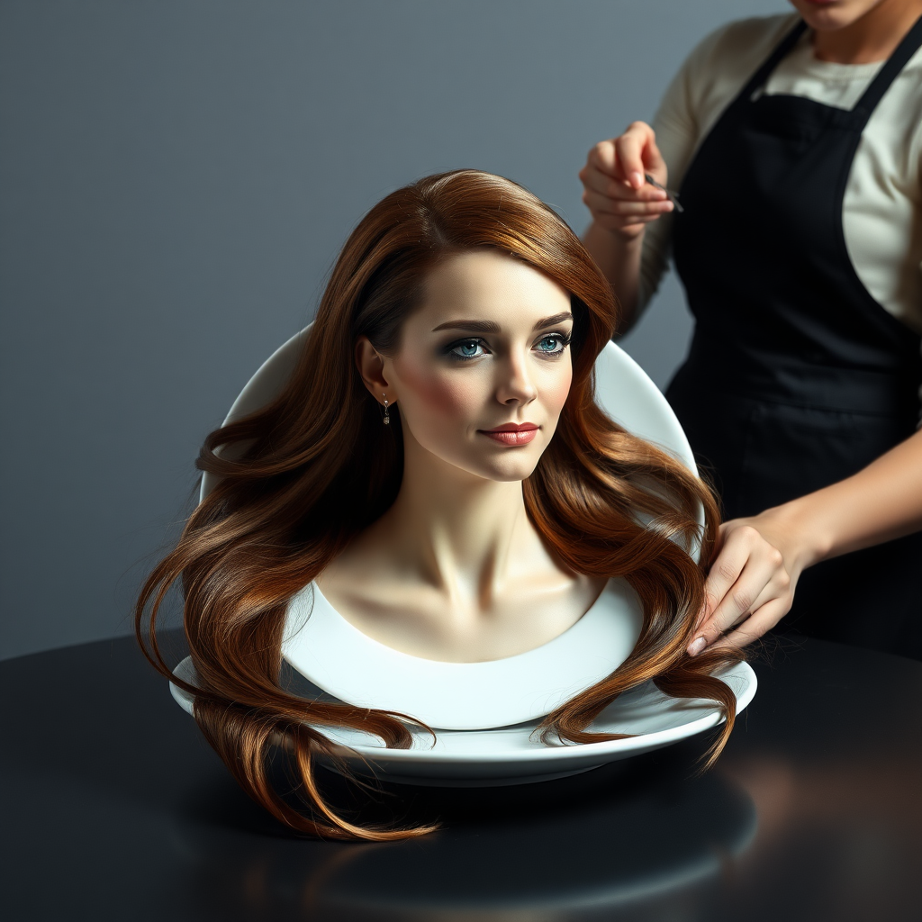 In a strikingly surreal scene, a beautifully crafted porcelain plate holds the disembodied head of a graceful Kate Middleton, her long, flowing hair cascading around like a luxurious waterfall of silky strands, shimmering in various shades of deep chestnut. Each hair seems to catch the light, creating an almost ethereal glow. Nearby, a meticulous hairdresser, dressed in a sleek black apron, carefully snips away at Kate's locks with precision scissors, their actions fluid and deliberate, emphasizing the delicate artistry of the moment.

The setting boasts minimalist decor, with a plain gray background that heightens the focus on this bizarre tableau. Soft shadows play across the smooth surface of the plate, enhancing the haunting beauty of Kate's serene expression, which conveys both elegance and an uncanny sense of stillness. The atmosphere is a blend of surreal calm and unsettling intrigue, pulling the viewer into a dreamlike space where reality and imagination intertwine. Gentle noises of scissors softly clipping away hair are the only sounds in this peculiar yet captivating scenario, heightening the tension and drawing viewers into this striking juxtaposition of beauty and the bizarre.