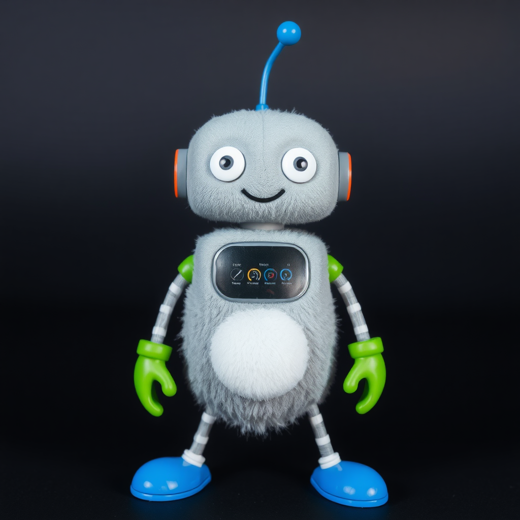 A grey thin robot with an antenna on top of its head that is blue. It has long thin legs with blue round feet. It has green hands that can grip. White stripes over its long arms. It has white round eyes with grey pupils and it smiles. It has a round display on its stomach that shows some instruments. There are some colors in a row over the display. It is fluffy.