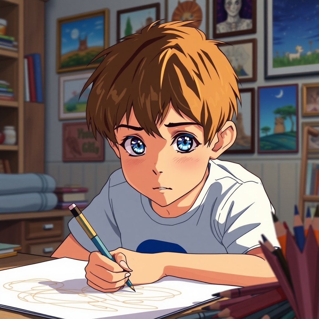 A 12 year old boy. He has blue eyes, brown short hair and he has a concentrated look. He is drawing in his room. He has Anime pictures on his wall. Anime, studio ghibli style.