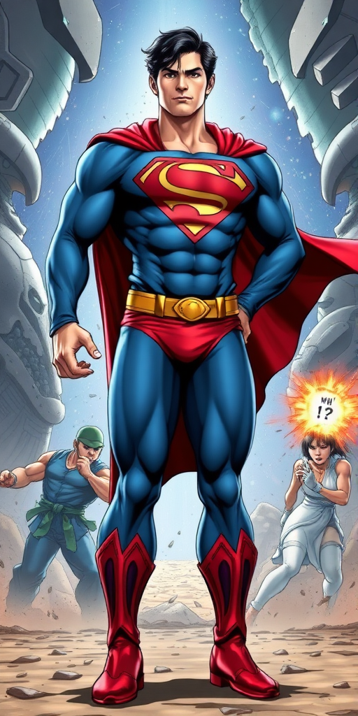 Create a full-length, highly detailed image of Superman with the body of Chun-Li, from the Street Fighter video game, standing in a dynamic battle scene. Superman, appearing surprised and bewildered, maintains his iconic red cape and "S" emblem but has Chun-Li's feminine build and blue outfit. He stands amidst an intense showdown with alien forces, the backdrop featuring a dramatic rip in the cosmic fabric of the universe. The scene should blend comic book and video game art styles, emphasizing both the chaos of battle and the character's astonishment at his transformation.