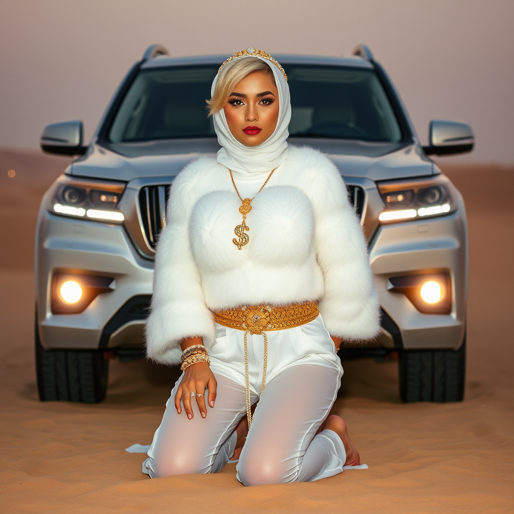 Kuwait desert dunes misty dawn, full size luxury SUV: Melissa, European 17 years old very convincing femboy “trophy-bimbo”, tamed servile docile, very beautiful feminine flawless face, rather short, by hormones very curvaceous womanly figured, platinum blond short tight curls, bold red lips, heavily made-up face, wearing Supertanya-style fluffy very fuzzy bright white angora turtleneck-poncho cropped ending under bust decorated with pearls and gemstones, striking oriental wide gold bridal protection belt, white fully transparent harem pants, full Oriental bridal jewelry including headpiece, white transparent harem-style alluring face veil covering noose and mouth, coin anklets, striking diamond “$$$” letter brooch on left chest, pout frustrated, hands tied behind back, kneeling in sand in front of SUV, looking at camera. Focus on face and turtleneck-poncho.