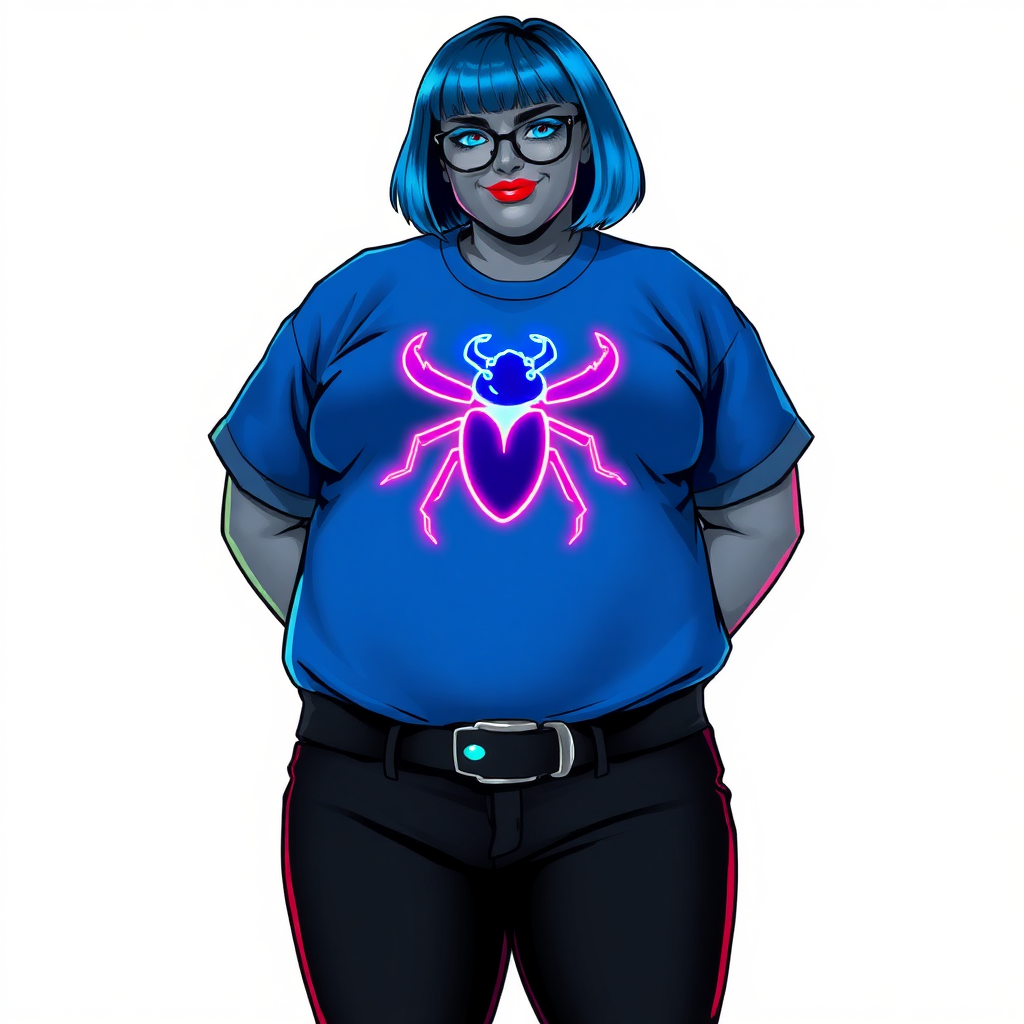 A 28-year-old, full-figured, metallic middle gray skinned computer program hybrid with a maximum blue bob cut. She has a non-athletic build, highlighted by a prominent, round, large midsection (with a full emphasis on her belly). As a digital sidekick, computer hacker, and nerdy girlfriend to her cyberpunk vigilante boyfriend, her middle gray metallic skin and maximum blue lipstick emphasize her digital nature. She wears a costume consist of an oversized, tight-fitting, maximum blue t-shirt (accentuating her large belly) with a neon blue glowing chest icon of a beetle, black pants, a black belt with a sapphire scarab buckle, and black gloves. Her bright blue eyes, black eyeglasses, and lovestruck smile with neon red blush accentuate her nerdiness. She stands bashfully with her hands behind her back, her t-shirt covering all her skin (especially her large belly) and emphasizing her full-figured, non-athletic physique. She is on a solid white background. She is drawn as if she was in a retro 2D cyberpunk fighting game. She is clearly non-athletic, with emphasis on her full-figured and pudgy physique. Ensure her t-shirt covers her midsection (especially her large belly).