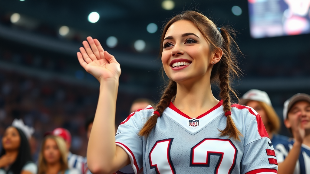 Attractive female NFL fan, cheering, pigtail hair, wearing jersey, big chest, inside crowd