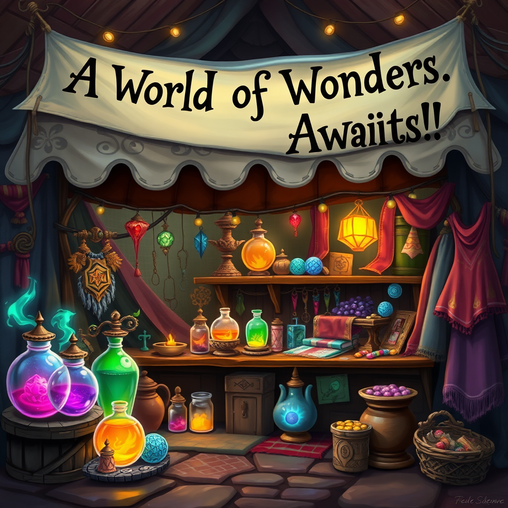 An imaginative scene showing a fantastical market stall with an array of magical items—glowing potions, enchanted trinkets, and vibrant fabrics—under a whimsical banner that reads, "A World of Wonders Awaits!"